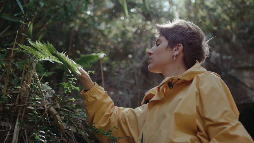 Young woman touching green leaves of tropical plant, looking at it with admiration, exploring wild nature during hike. Medium shot
