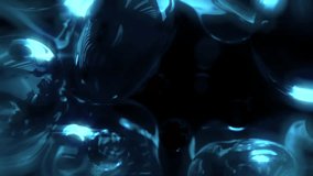 shining blue transparent glass bubbles, dark bokeh background - loop video