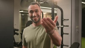 Smiling African American man personal fitness trainer invite to gym workout sportsman athlete welcome come here gesture invitation to join training posing crossed arms in gym sport club bodybuilder - Powered by Shutterstock - Get 15% off with code: PIKWIZARD15