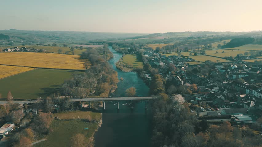Aerial view of Hay Castle in the village of Hay-on-Wye, Wales, UK