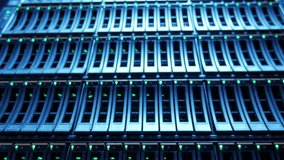 Close Up Server Rack Cluster in a modern Data Center Disk storage server room Cloud computing