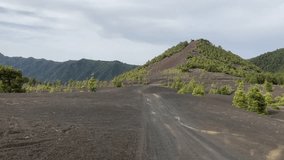 First person view, video as driving in volcanic sand in Llano del Jable, La Palma, Canary islands. 4K UHD