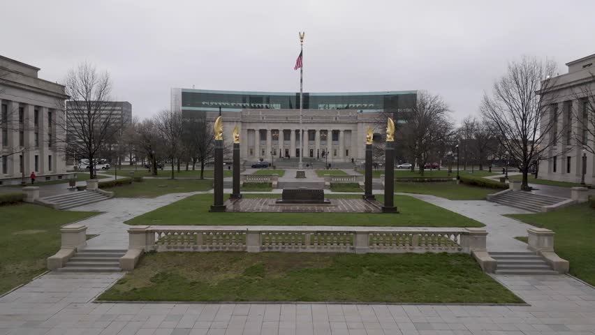 United States District Court for the Southern District of Indiana in Indianapolis, Indiana with drone video high moving pulling back.