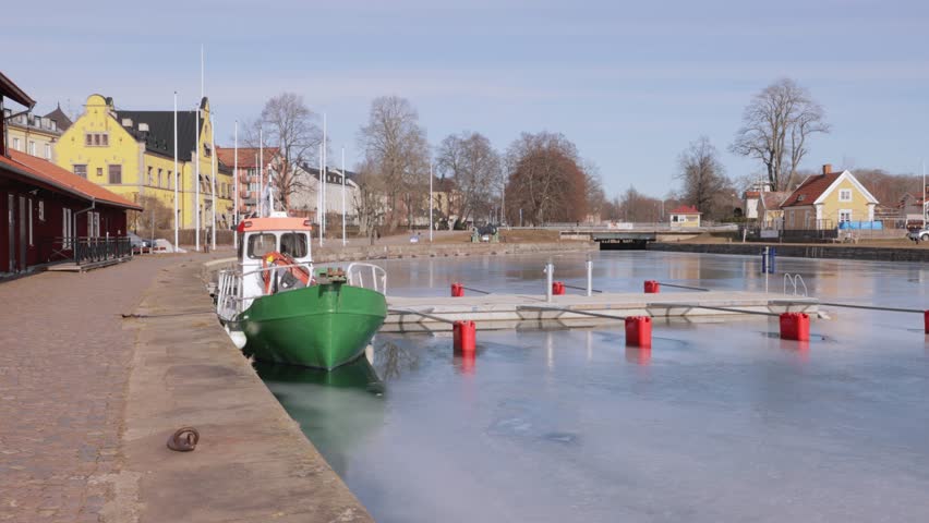 Historic Town With Boats On Embankment In Stockholm, Sweden. Static Shot