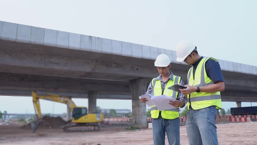  Civil engineers team work at road construction sites to supervise new road construction and inspect road construction sites. Road construction supervision. Royalty-Free Stock Footage #1103039853