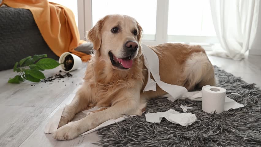 Golden retriever dog playing with toilet paper in living room. Purebred doggy pet making mess with tissue paper and home plant Royalty-Free Stock Footage #1103040137