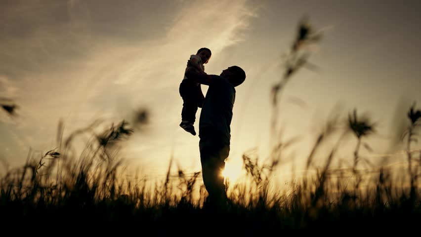 Happy family father and son in park. Silhouette of people outdoors. Father throws baby up into sky.Active game in nature family holiday father's day.Dream freedom outdoors.Parent playing with baby son | Shutterstock HD Video #1103040585