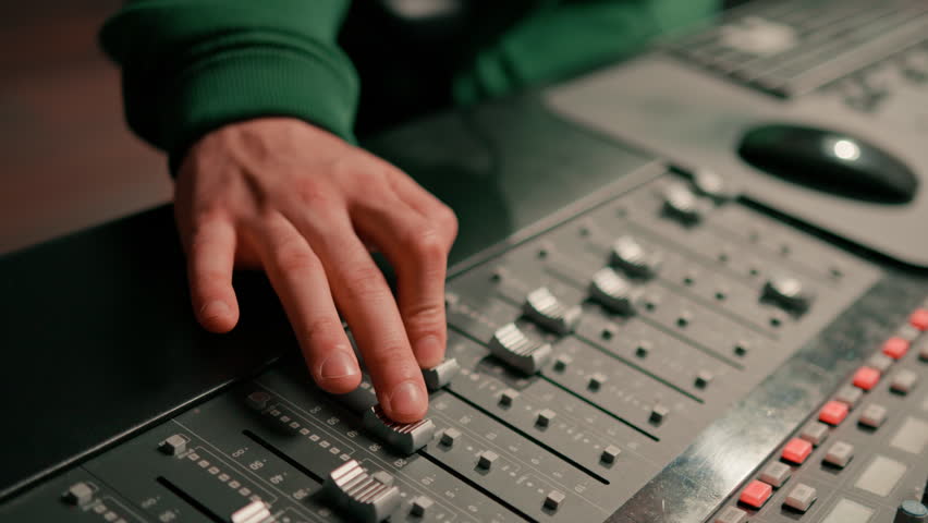 Sound engineer used digital audio mixer Sliders Engineer presses key Control panel Recording studio technician
