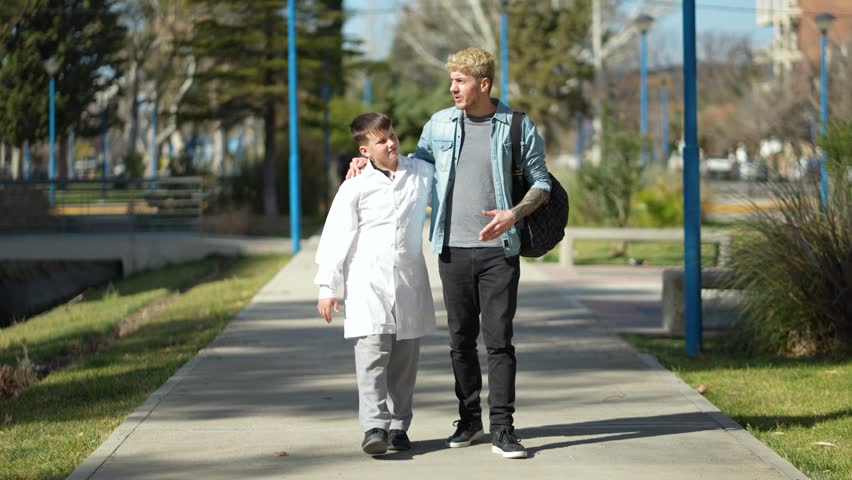 Caucasian father and son talking while going to school in Argentina