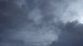 Clouds are flying fast in a gray overcast sky. Sky as background, timelapse video.