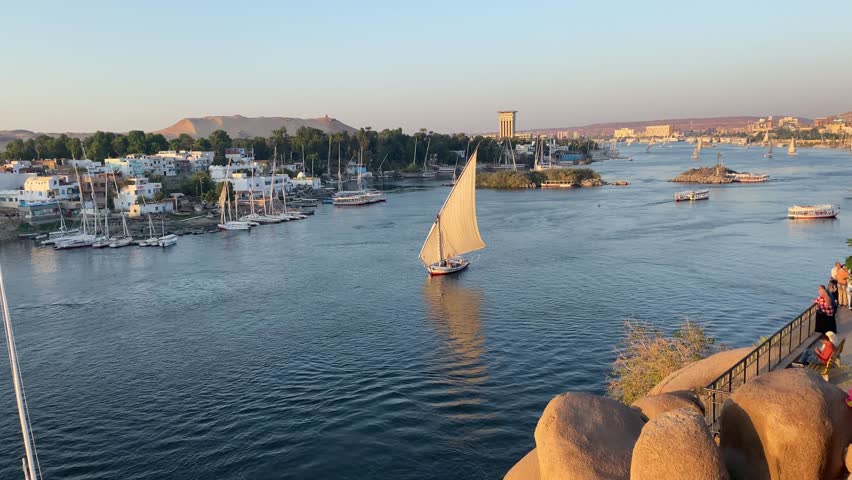 Beautiful landscape with felucca boats on the Nile river in Aswan, Egypt