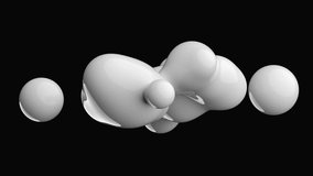 3d render of abstract art video animation with surreal black and white monochrome balls bubbles or sphere in deformation process in white glossy ceramic material on isolated black background