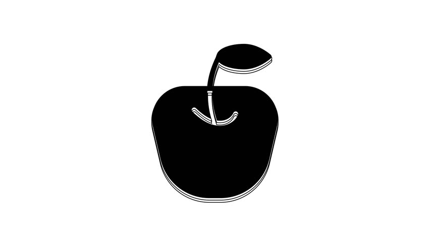 Black Apple icon isolated on white background. Fruit with leaf symbol. 4K Video motion graphic animation.