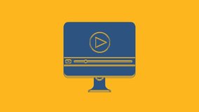 Blue Online play video icon isolated on orange background. Computer monitor and film strip with play sign. 4K Video motion graphic animation.