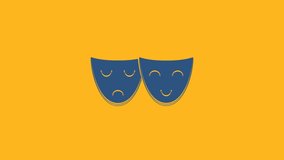 Blue Comedy and tragedy theatrical masks icon isolated on orange background. 4K Video motion graphic animation.
