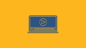 Blue Online play video icon isolated on orange background. Laptop and film strip with play sign. 4K Video motion graphic animation.