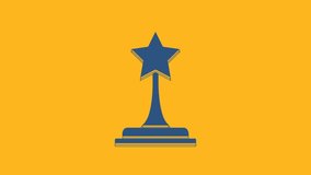 Blue Movie trophy icon isolated on orange background. Academy award icon. Films and cinema symbol. 4K Video motion graphic animation.