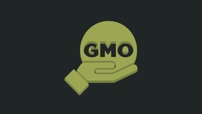 Green GMO icon isolated on black background. Genetically modified organism acronym. Dna food modification. 4K Video motion graphic animation.