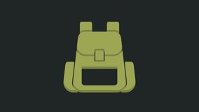 Green Hiking backpack icon isolated on black background. Camping and mountain exploring backpack. 4K Video motion graphic animation.