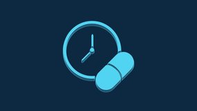 Blue Medicine pill or tablet icon isolated on blue background. Capsule pill and drug sign. Pharmacy design. 4K Video motion graphic animation.