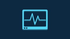 Blue Computer monitor with cardiogram icon isolated on blue background. Monitoring icon. ECG monitor with heart beat hand drawn. 4K Video motion graphic animation.