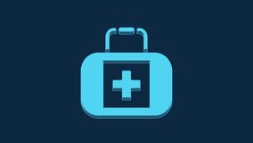 Blue First aid kit icon isolated on blue background. Medical box with cross. Medical equipment for emergency. Healthcare concept. 4K Video motion graphic animation.