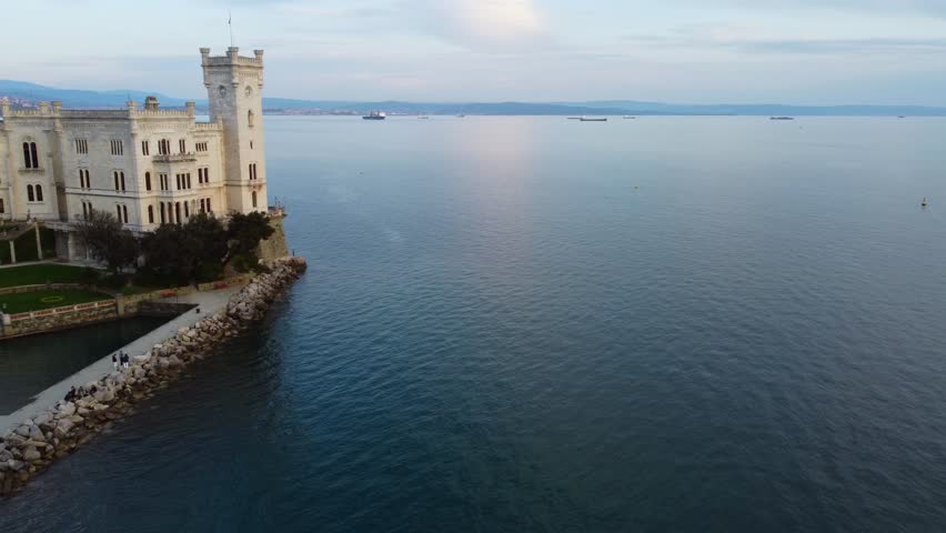 Miramare castle near sea in Italy, drone footage #3.