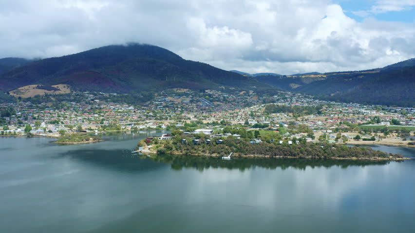 Long Aerial Drone Flyover Derwent River Towards MONA Museum Of Old And New Art In Hobart, Tasmania 4K