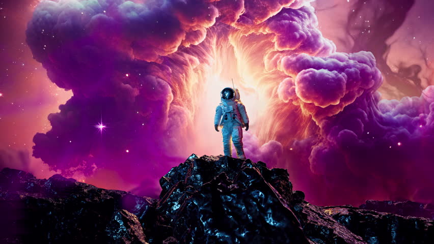 Astronaut Standing On Space Rock In front Colorful Space Nebula Wormhole Bending Laws of the Universe Alien Planet Augmented Reality Virtual Realm Creativity Science Fiction and Imagination Concept Royalty-Free Stock Footage #1103052225