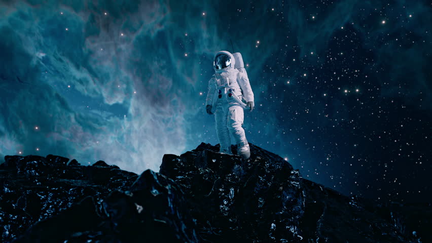 Astronaut On Space Rock In front Space Nebula Wormhole Bending Laws of the Universe Alien Planet Augmented Reality Virtual Realm Creativity Science Fiction and Imagination Concept Royalty-Free Stock Footage #1103052231