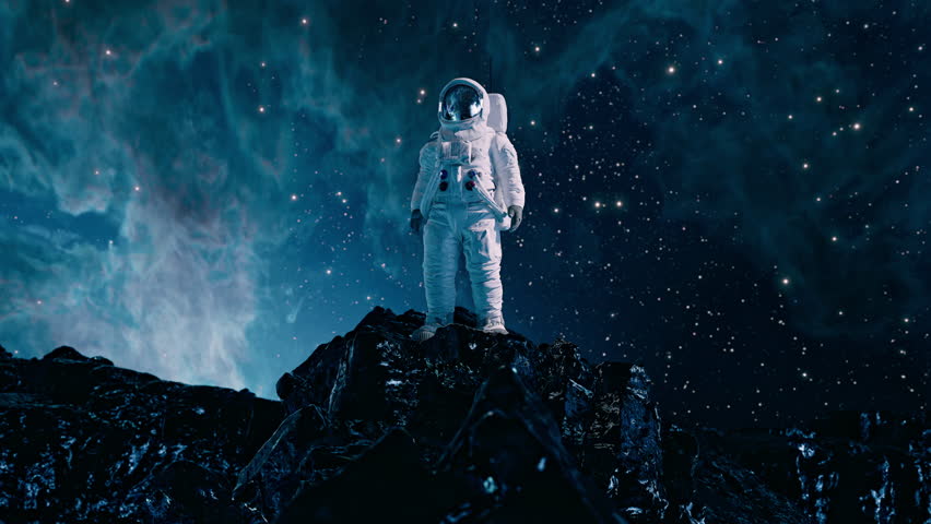 Astronaut On Space Rock In front Space Nebula Wormhole Bending Laws of the Universe Alien Planet Augmented Reality Virtual Realm Creativity Science Fiction and Imagination Concept