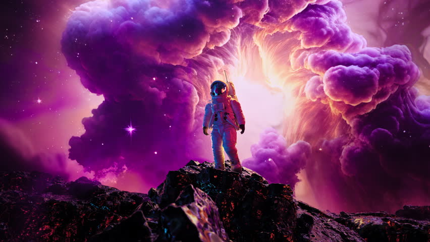 Astronaut Standing On Rock on Alien Planet Wormhole Bending Laws of the Universe Augmented Reality Virtual Realm Creativity Science Fiction and Imagination Concept Royalty-Free Stock Footage #1103052239