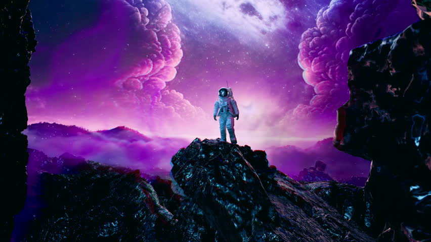Astronaut On Space Rock In front Colorful Space Nebula Wormhole Bending Laws of the Universe Alien Planet Augmented Reality Virtual Realm Creativity Science Fiction and Imagination Concept Royalty-Free Stock Footage #1103052259