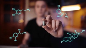 The girl's hand holds and shows a pill with a graphic of chemical formulas and compounds. Concept: DNA, technology, hormones, treatment, pill, augmented reality. - Powered by Shutterstock - Get 15% off with code: PIKWIZARD15