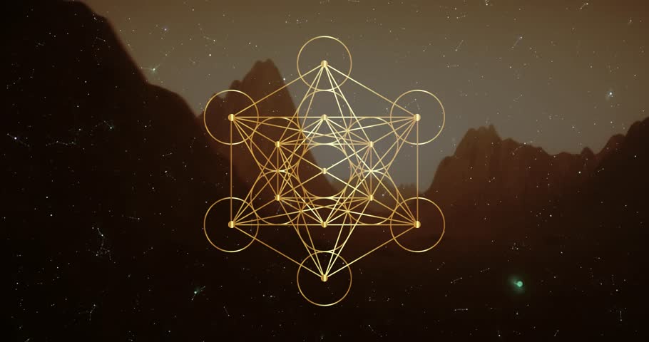 Video animation Metatron's Cube, Flower of Life. Golden Sacred geometry, graphic technology element landscape background. Mystic gold icon platonic solids, abstract geometric drawing, crop circles Royalty-Free Stock Footage #1103052889