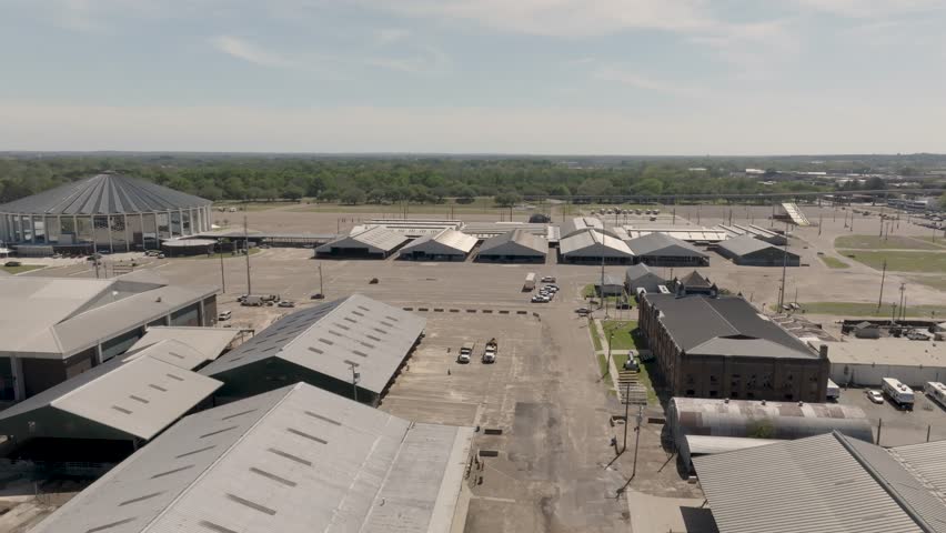 Fairgrounds in Jackson, Mississippi with drone video pulling back.