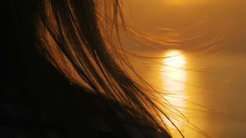 Slow motion: hair of woman is fluttering in the wind against warm sunset sky with sun lens flares, close up. Abstract, freedom and summer concept | Shutterstock HD Video #1103058551