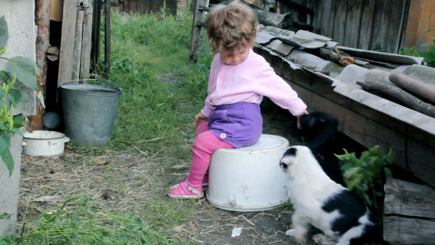 little kid playing with puppies