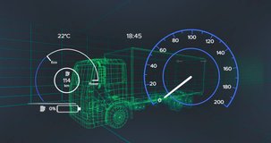 Animation of speedometer data processing over 3d truck drawing. Global car industry, business, finances, computing and data processing concept digitally generated video.