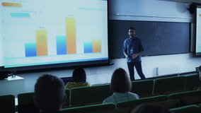 Young University Professor Explaining the Importance of Branding and Marketing Campaigns to a Group of Diverse Multiethnic Students in a Dark Auditorium. Teacher Showing Comparison Charts and Data - Powered by Shutterstock - Get 15% off with code: PIKWIZARD15
