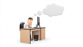 3d short cartoon - animated video of businesswoman thinking at desk