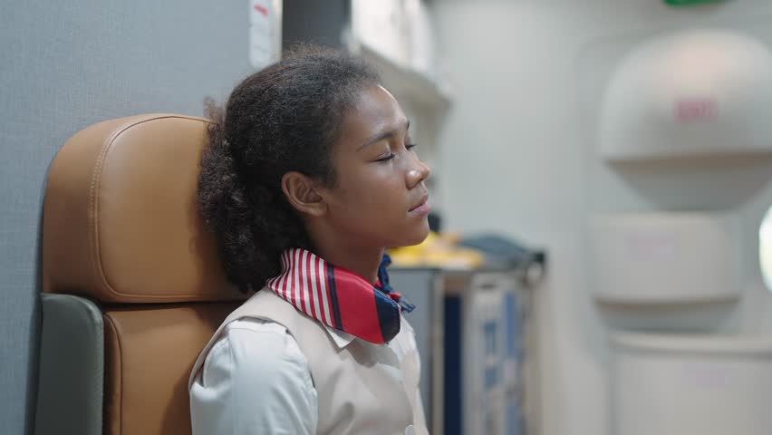 Woman african american stewardess, flight attendant sitting on seat in airplane looking tired after a long international flight itinerary. Tired flight attendants resting between flights Royalty-Free Stock Footage #1103069643