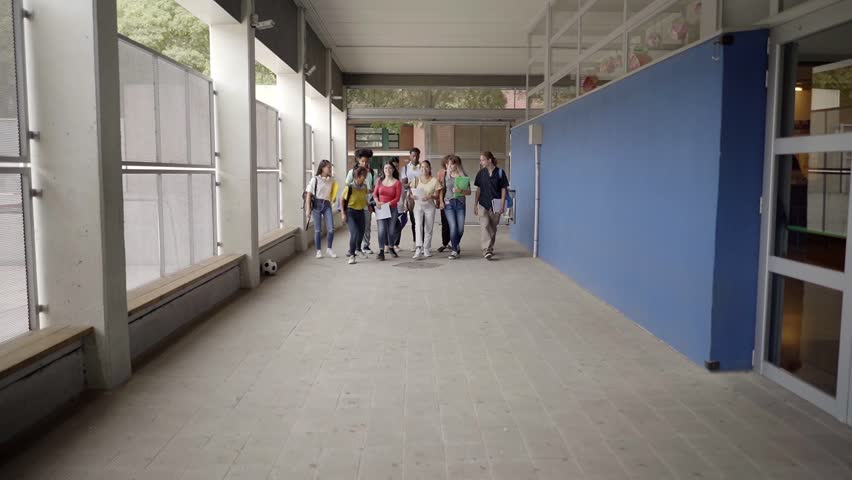 Slow motion of group of students running out of the classroom at the end of classes. Group of students at the high school. Multiethnic teenage people. End of term at high school,. FullHD footage Royalty-Free Stock Footage #1103071369