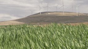 wind power. Beautiful rotating wind farm in the land. Green energy. Renewable energy. 4K video
