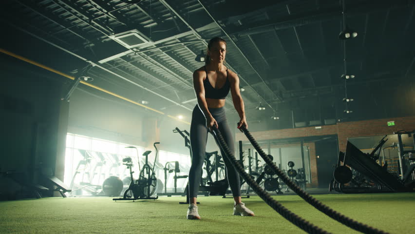 Young fit woman doing different exercises on battle rope in well-equipped gym. Treadmills, assault air bikes, cross trainers in the background. High quality 4k footage Royalty-Free Stock Footage #1103075609