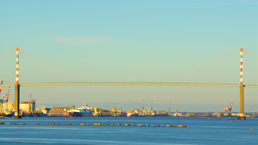 Time lapse Saint Nazaire Bridge a cable stayed bridge spanning the Loire river and linking Saint Nazaire and Saint Brevin les Pins, in the department of Loire Atlantique, Brittany, France