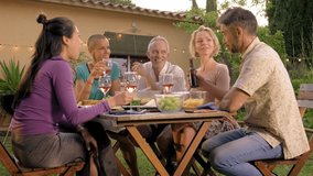 Group of people enjoying meal outdoors. Happy friends toasting with wine during barbecue garden dinner party. 4k video. 