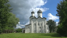 View of the Transfiguration Cathedral on a July day (timelapse). Staraya Russa, Russia 