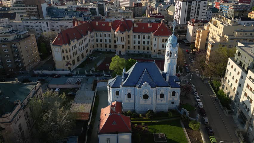 High angle view of the Blue Church in Bratislava, Slovakia, landmark, 4k