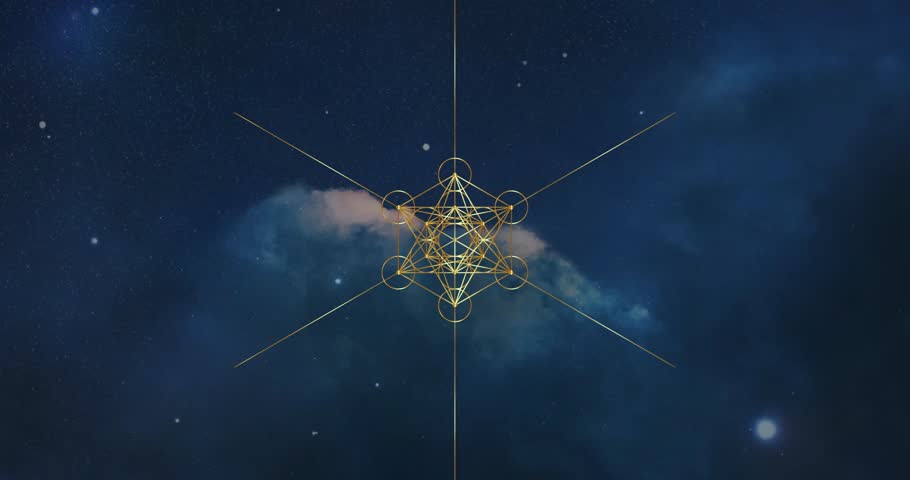 Video animation Metatron's Cube, Flower of Life. Golden Sacred geometry, graphic technology element blue galaxy background. Mystic gold icon platonic solids, abstract geometric drawing, crop circles Royalty-Free Stock Footage #1103094095